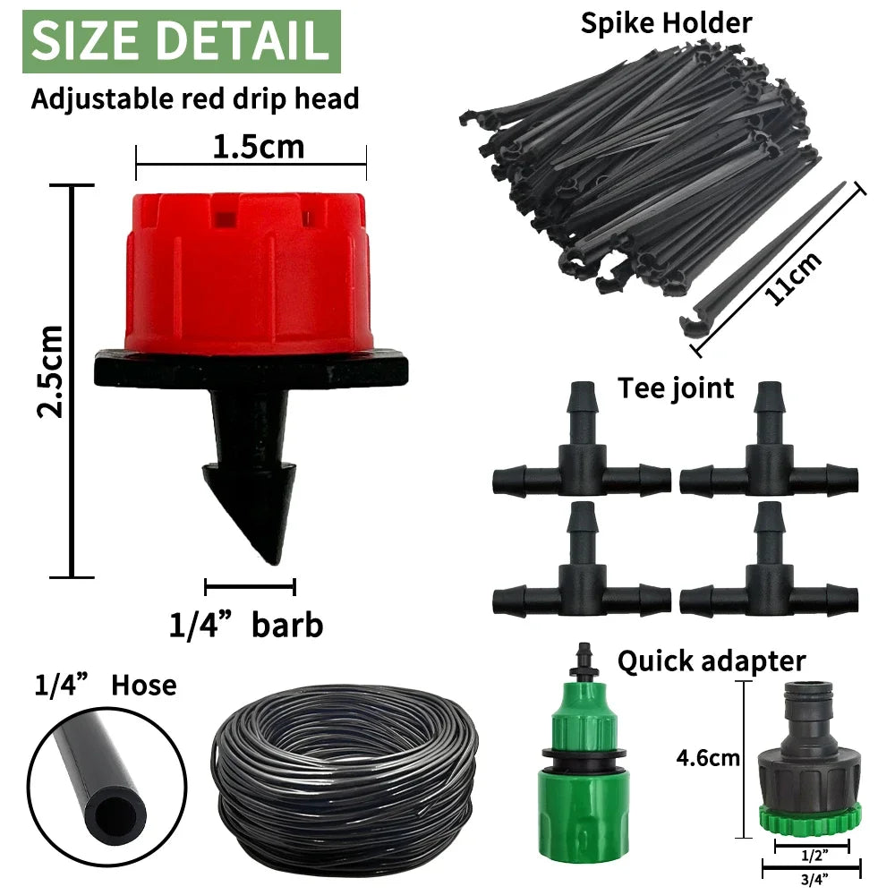 Size detail of micro drip kit: red adjustable dripper, 1/4 hose barb, tee joints, quick adapter, hose.