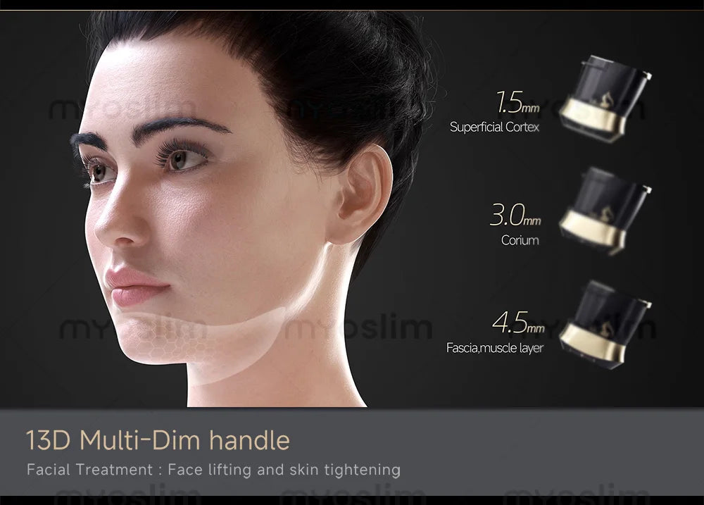 22D MAX HIFU facial tightening machine with 13D handle and 1.5mm, 3.0mm, 4.5mm cartridges for professional skin lifting.