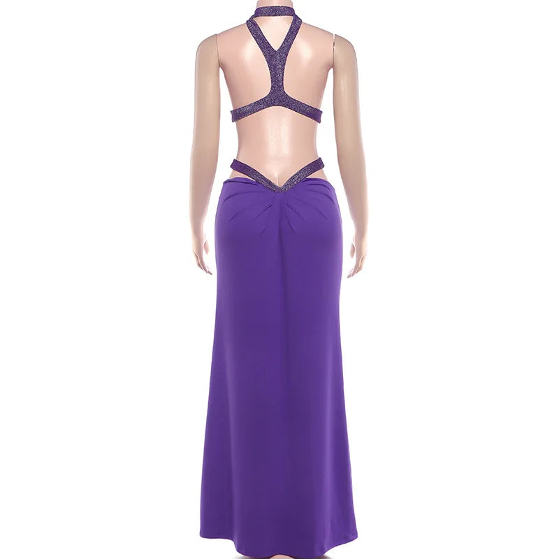 Sexy Women's Maxi Dress Halter Hollow Out Backless Sleeveless Ruched Evening Long Dresses Party Chic Robe Green Purple Summer