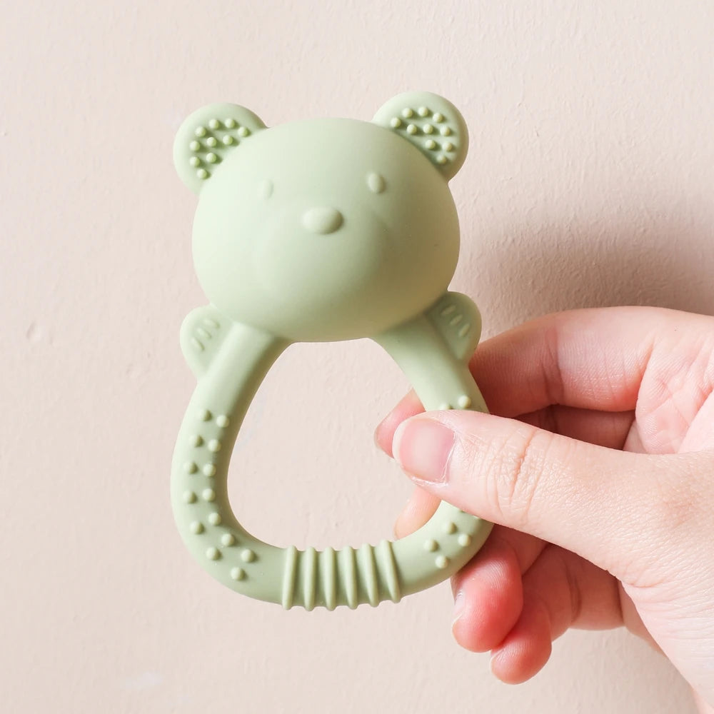 Baby Silicone Teether Bear Hand Bell Food Grade Teether Toys Rattle Baby 0-12 Months Silicone Sensory Toys Silicone Teething Toy