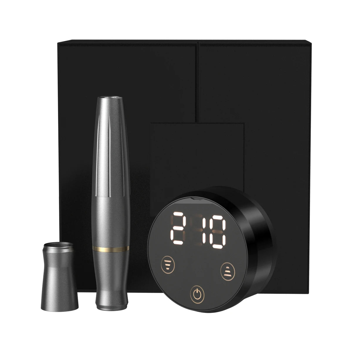 Wireless tattoo pen with a gray metal grip, separate round digital power display, and small nozzle in a black box.
