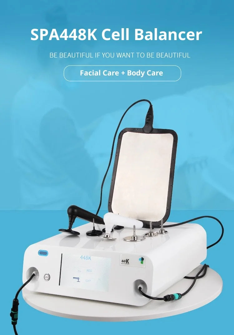 448KHz Tecar RF beauty device with RET CET probes, monopolar pads, and LCD screen for professional facial and body care.
