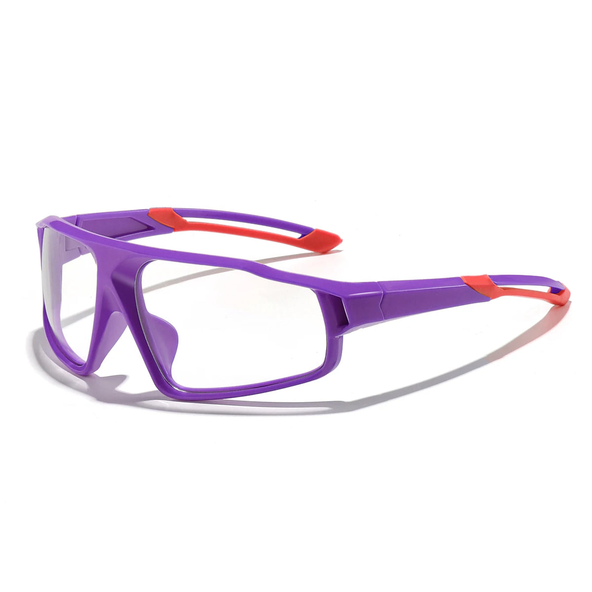Photochromic sports eyeglasses with purple frame and orange accents, clear lenses