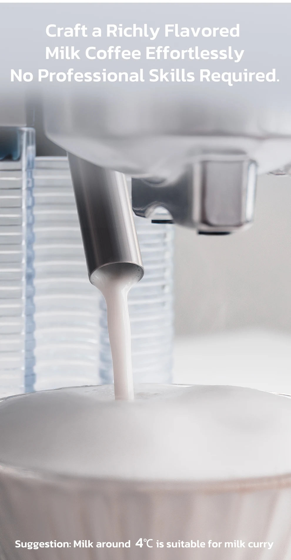 Stainless steel milk frothing wand on automatic espresso machine dispensing steamed milk into a cup for latte coffee.