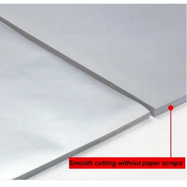 Printable sticker vinyl sheet edges and thickness, smooth matte silver surface.