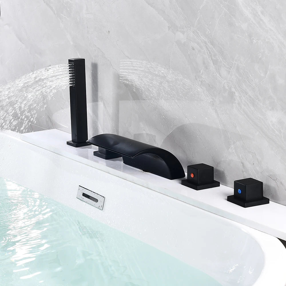 Black Bathroom Faucet Set with LED Light 2-Way Bathtub Mixer, Waterfall and Hand Shower Tap for Modern Bathroom