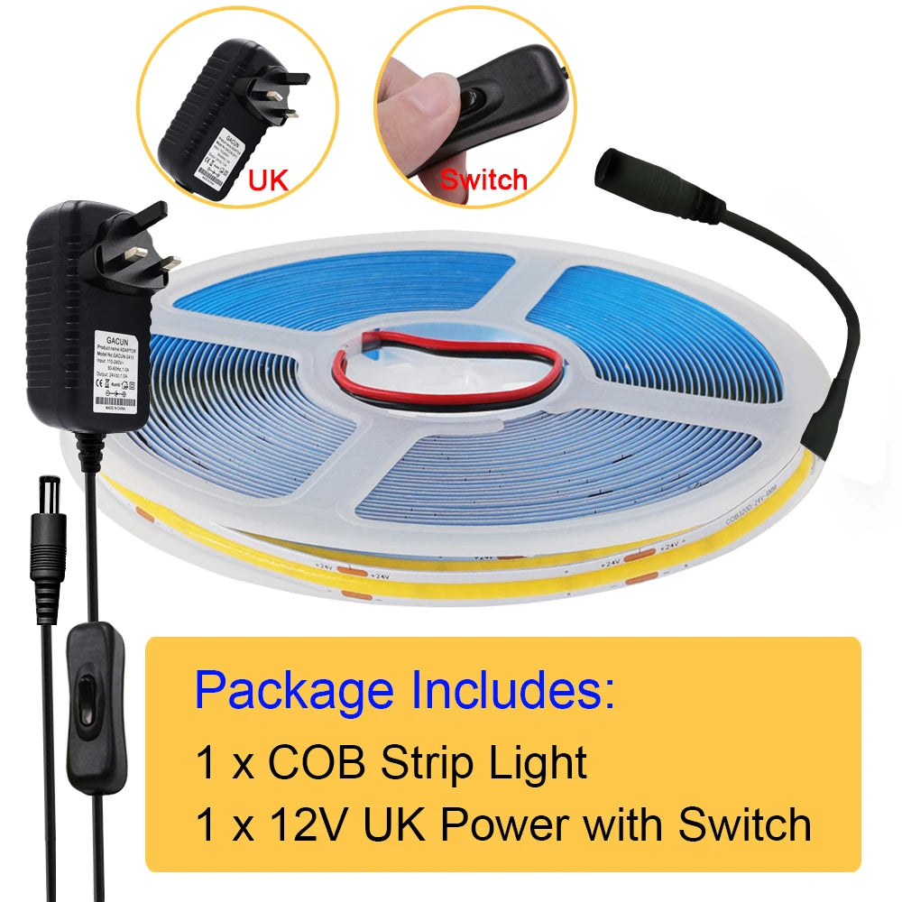 COB LED strip kit with 12V UK power adapter and on/off switch