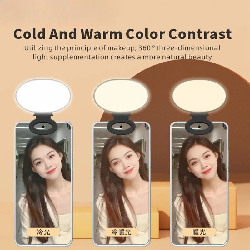 Oval clip-on LED phone ring light with adjustable cool, natural, and warm light settings for selfie photography.