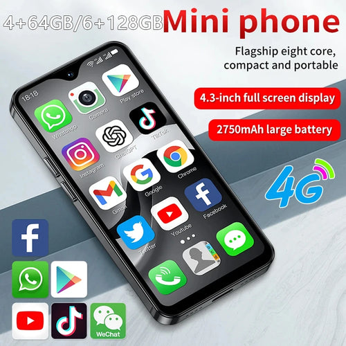SOYES F9 Max mini 4G smartphone, black, 4.3-inch screen, octa-core Android 12, 6GB RAM, 128GB storage, 2750mAh battery.