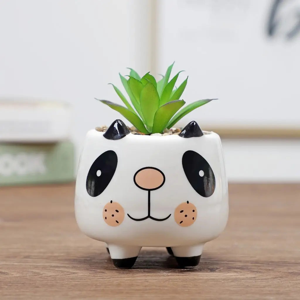 Cute ceramic panda planter with green succulent, black ear accents and smiling face design
