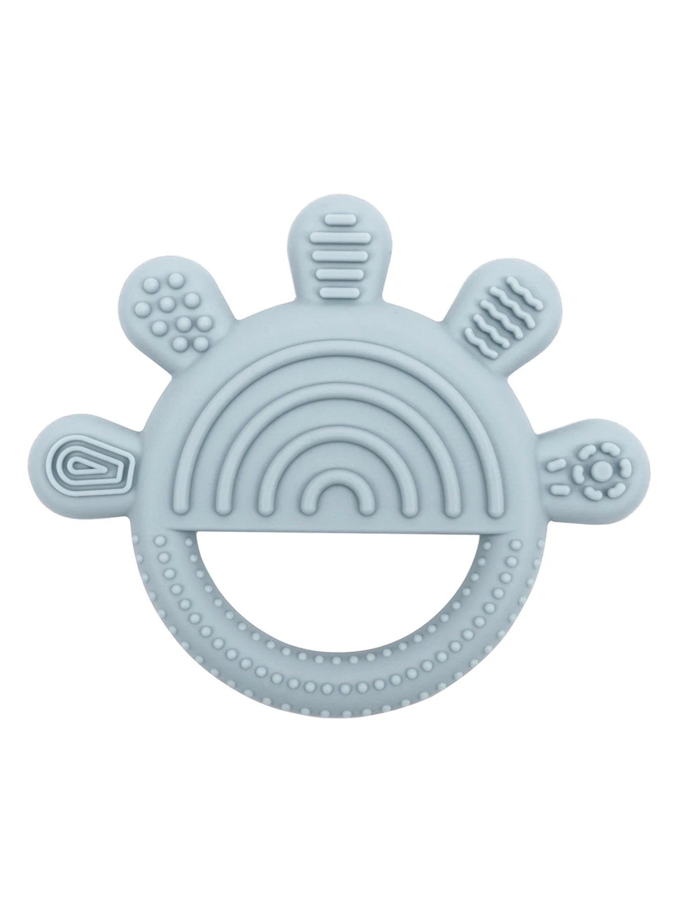 Light blue silicone teething ring toy for baby pain relief.