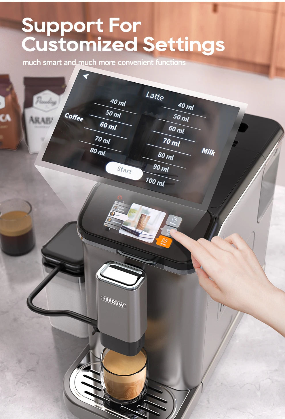 HiBREW smart espresso coffee machine with touchscreen display, metallic finish, and adjustable drink volume settings.