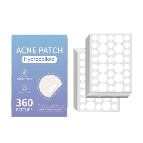 360 hydrocolloid acne patch pack with stacked clear round patch sheets.
