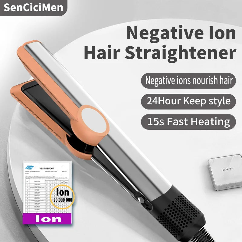 SenCiciMen 2-in-1 peach and silver negative ion hair straightener with fast-heating floating plates for sleek styling.