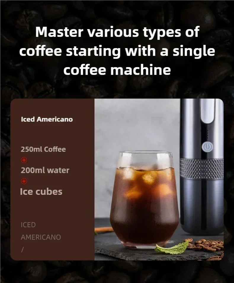 Portable black stainless steel coffee maker next to a glass of iced americano with recipe text overlay.