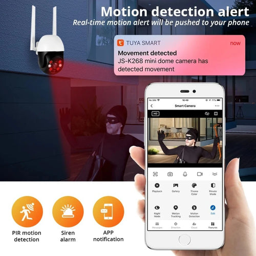 Outdoor PTZ WiFi security camera on wall with red status LEDs and white dome