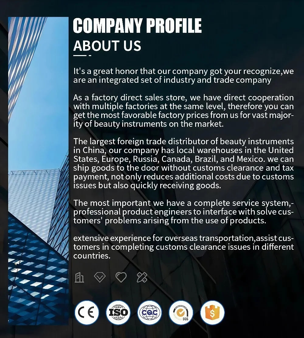 Company profile text on a blue background featuring a modern glass building and various professional certifications.