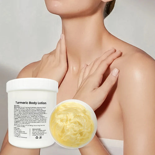Anti-inflammatory turmeric body lotion in a white jar, designed for soothing skincare.