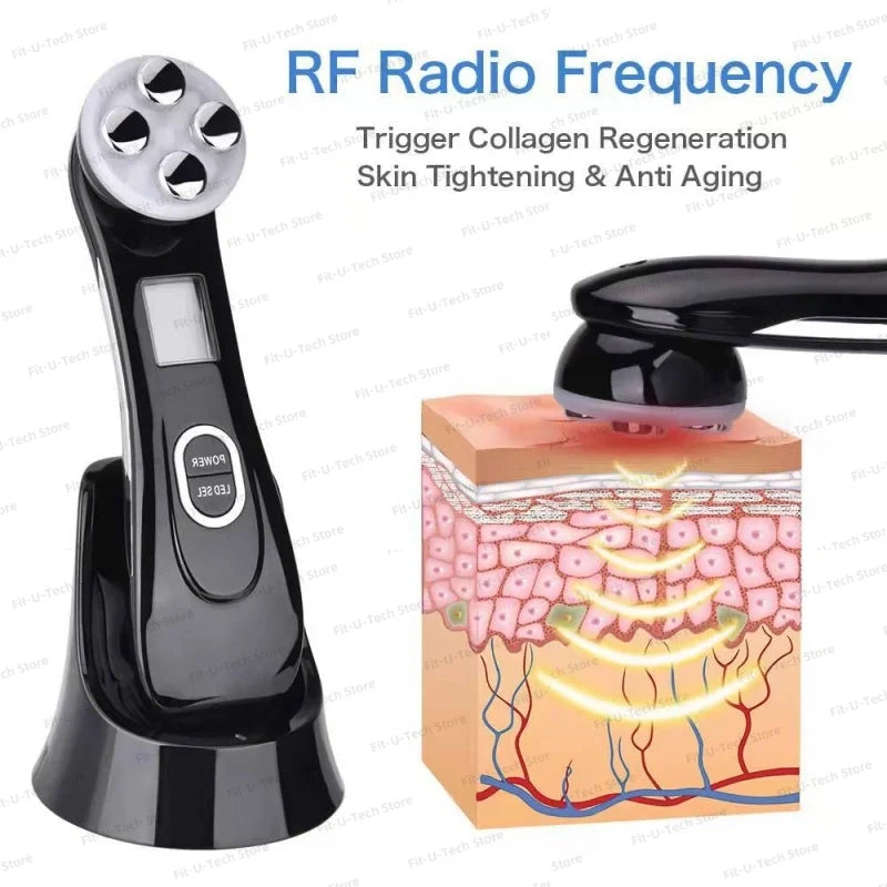 Black EMS facial massager with a four-pronged head on a charging base, showing a red LED light penetrating skin layers.