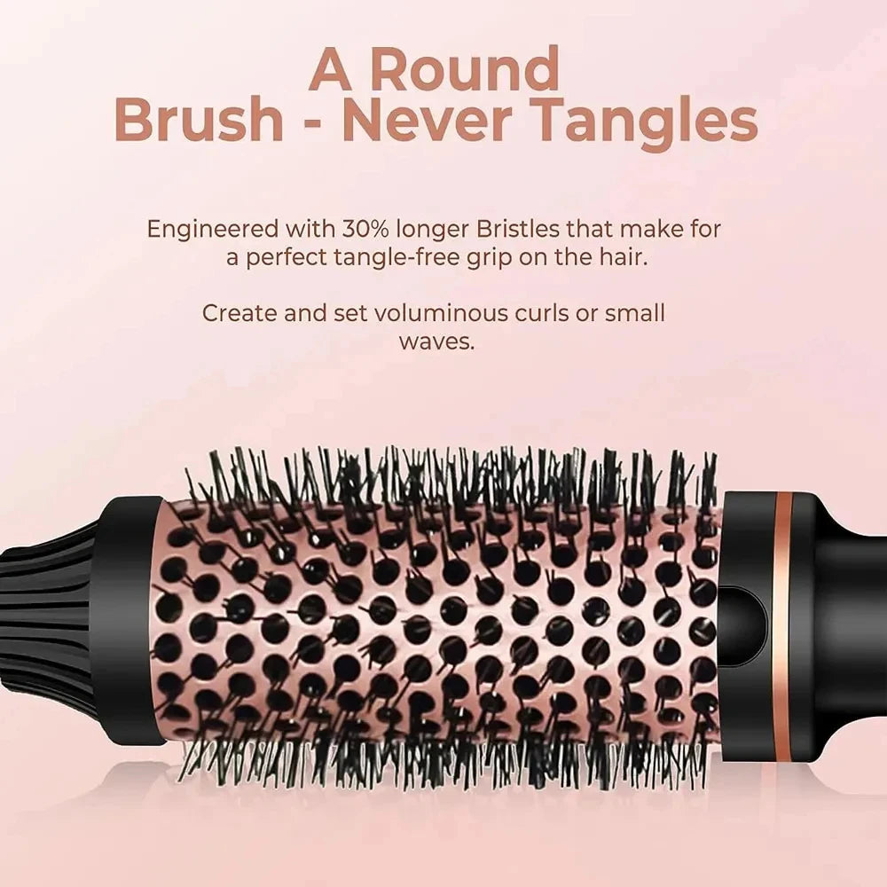 Rose gold 3-in-1 ionic thermal curling brush with anti-tangle long bristles for voluminous curls and waves.