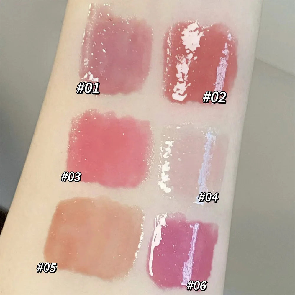 Gege Bear Garden Rabbit watery lip gloss swatches: 6 moisturizing shades with a glossy, sheer finish on arm skin.