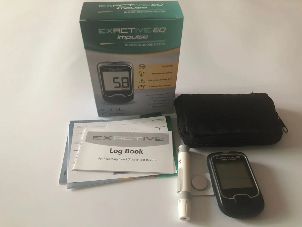 EXACTIVE EQ Impulse blood glucose meter kit with monitor, lancing device, log book, case, and test strip packaging.