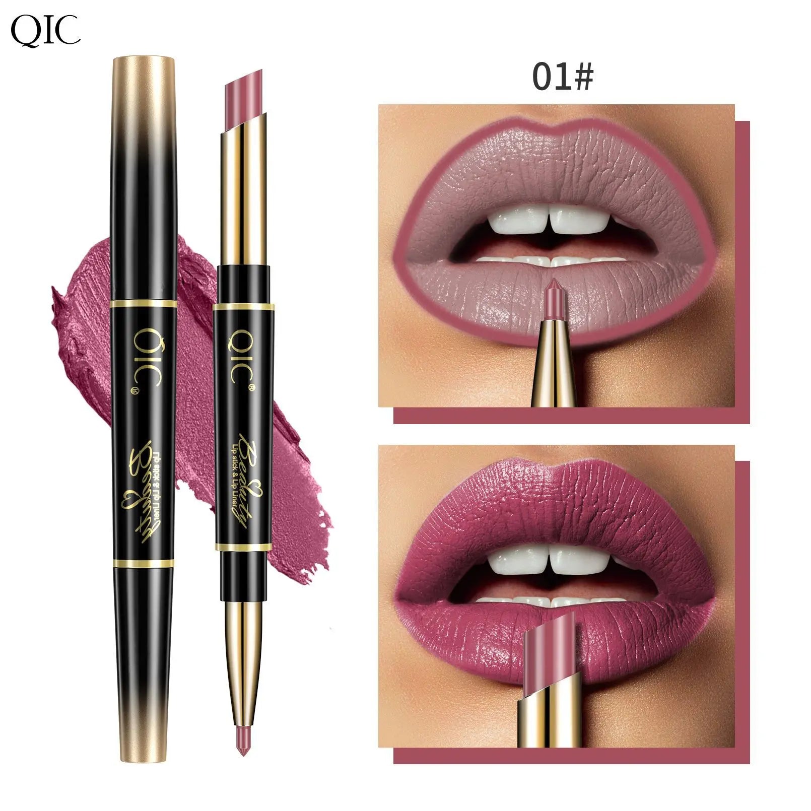 QIC 2-in-1 waterproof matte lipstick and lip liner pencil in mauve shade for long-lasting, smooth lip makeup.