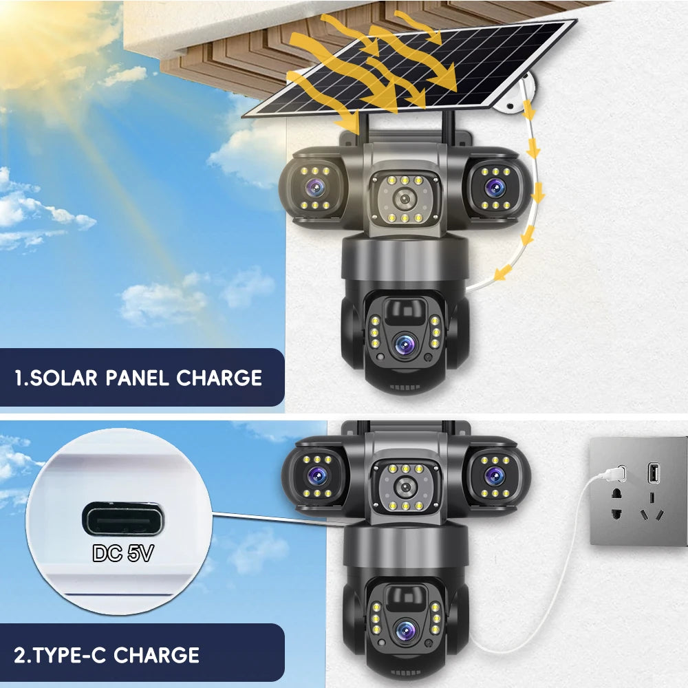V380 Solar 4G IP Camera Outdoor 12MP 6K Triple Lenses Triple Screens Security Video Monitor Night Vision Waterproof CCTV Cameras