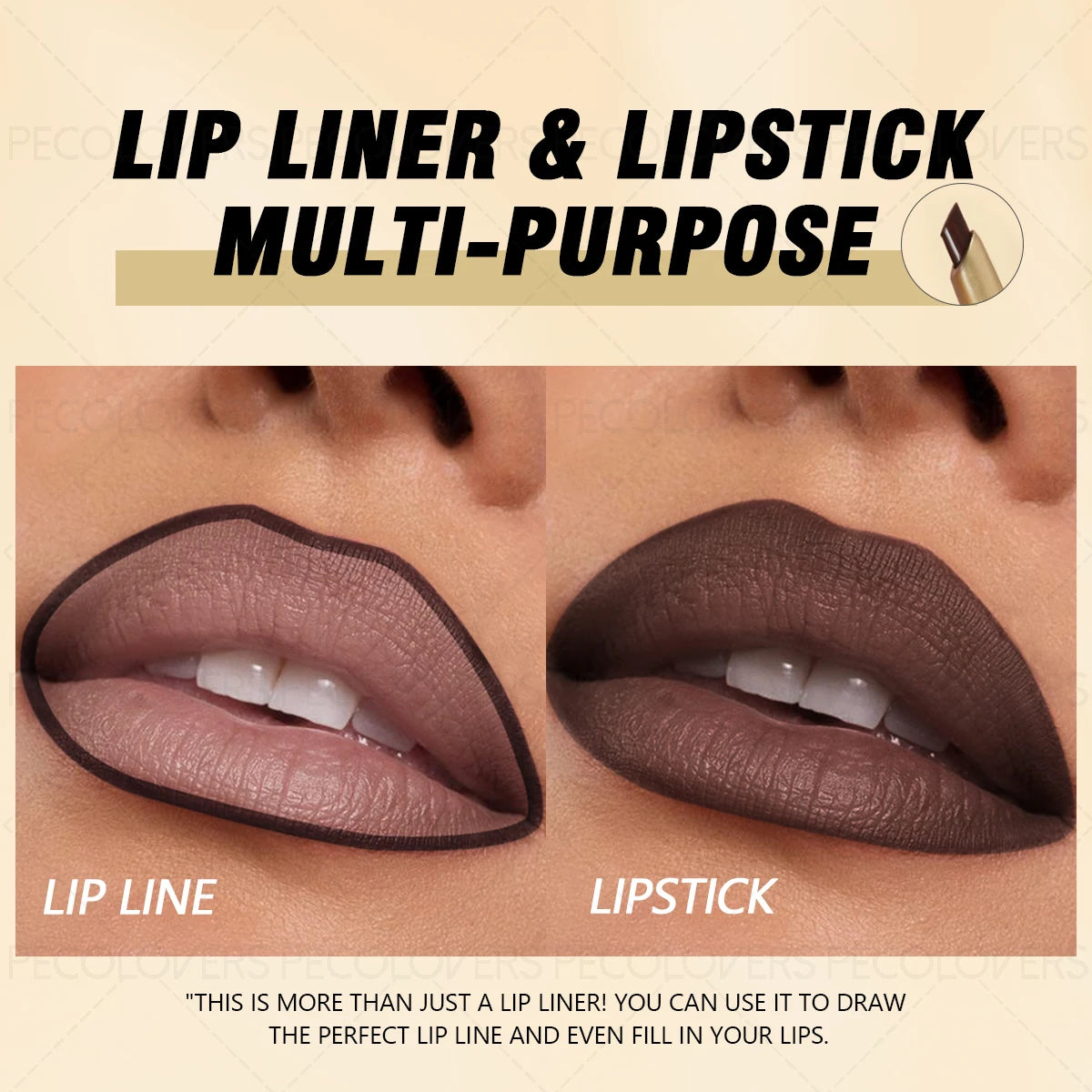 Waterproof matte lip liner and lipstick pencil in dark brown for long-lasting, non-staining, full-coverage lip makeup.