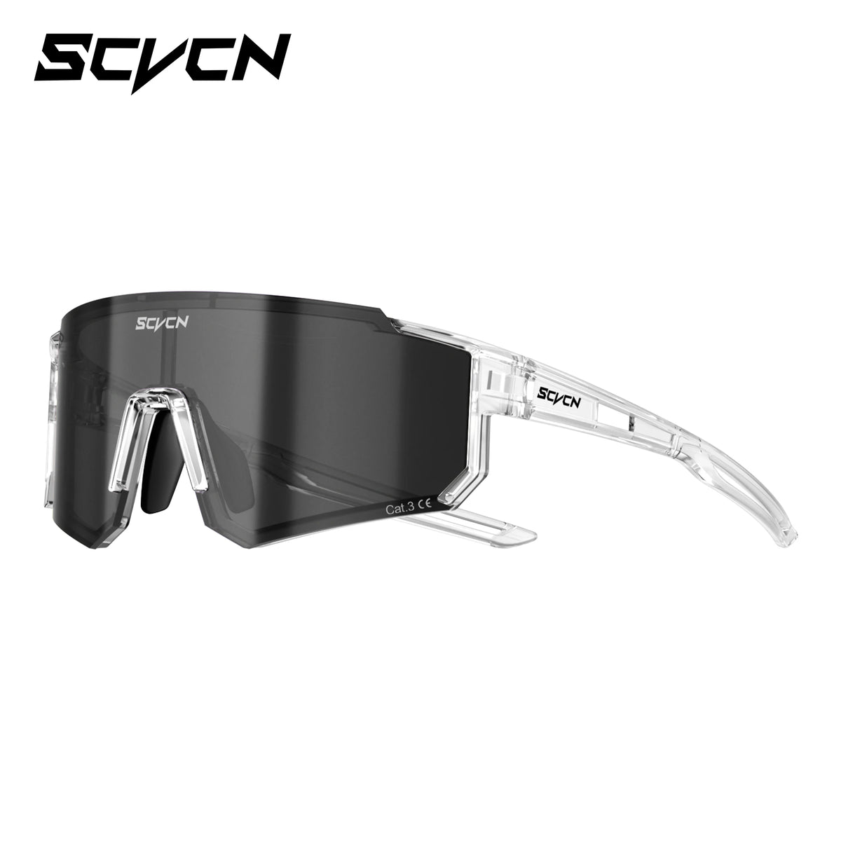 Sports sunglasses with clear frame and dark gray mirrored lenses, vented shield
