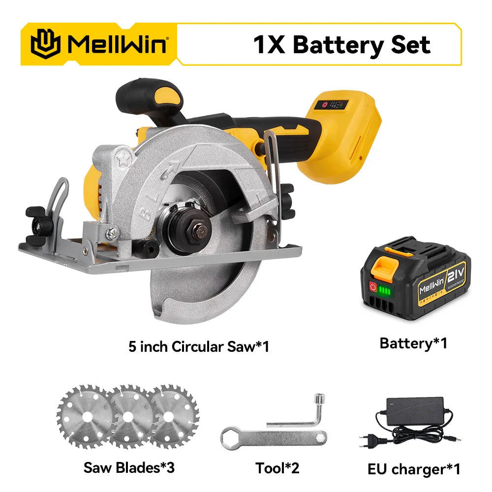 Cordless 5-inch circular saw with one battery, three saw blades, and charger