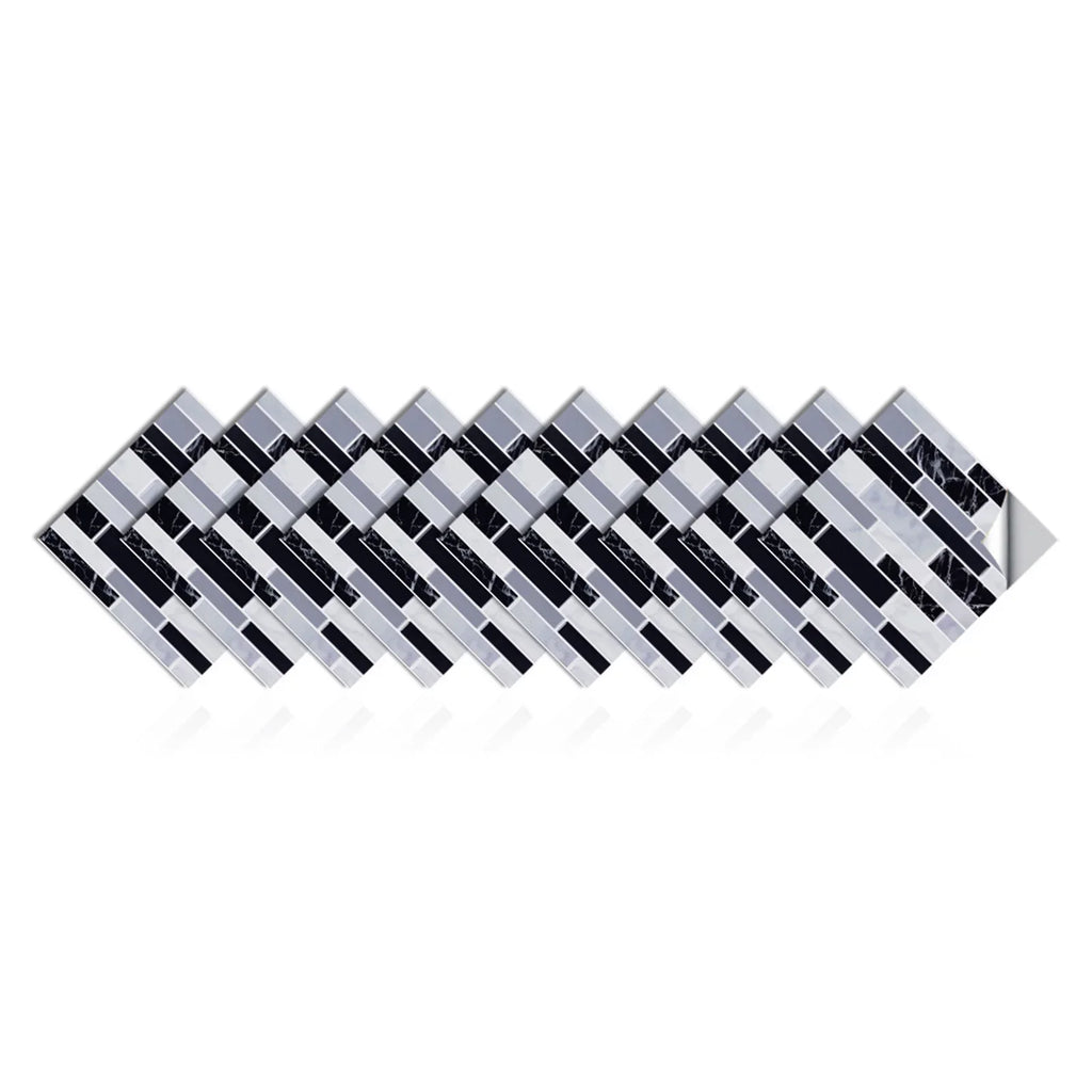 Self-adhesive 3D mosaic tile wall sticker sheets, black and white brick strip design