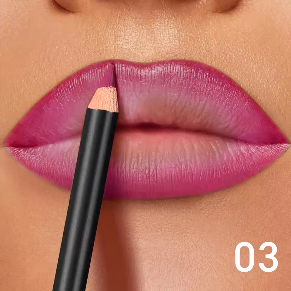 Long-lasting waterproof matte lip liner pencil applying a vibrant pink shade to lips for a smooth, defined finish.