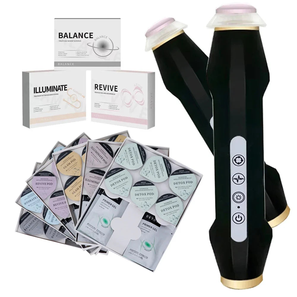 Black handheld facial device with control buttons, plus various treatment boxes and colorful skincare pods.
