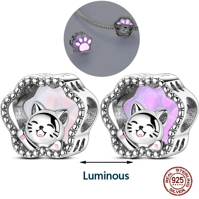 925 sterling silver cat paw charm for bracelets. Luminous glow-in-the-dark pet jewelry bead, cute gift for animal lovers.