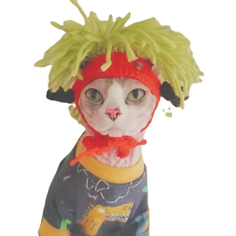 Funny knitted lime green wig hat for cats. Adjustable elastic cosplay costume cap for hairless cats and small pets.