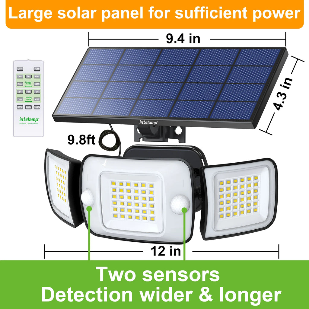 Intelamp Top Brand Long Life 4000Mah Outdoor Solar Led Lights Spotlight Large Solar Panel With 3 Modes Two Motion Sensors Security Flood Light Wall Lamp For Garden Yard Garage