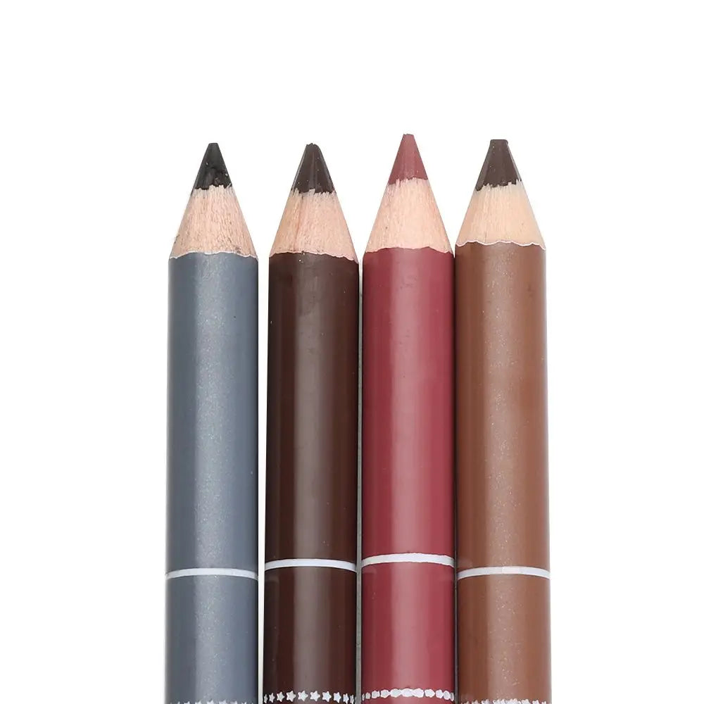 Professional wood lip liner pencils in four matte shades: grey, dark brown, rose, and light brown, for long-lasting makeup.