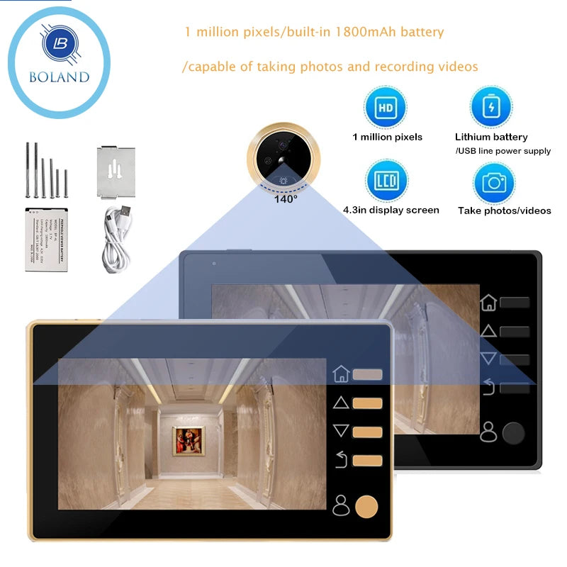New 4.3 Inch Peephole 140° Smart Video Doorbells Door Viewer Camera Security Monitor 1080P HD Visual Doorbell