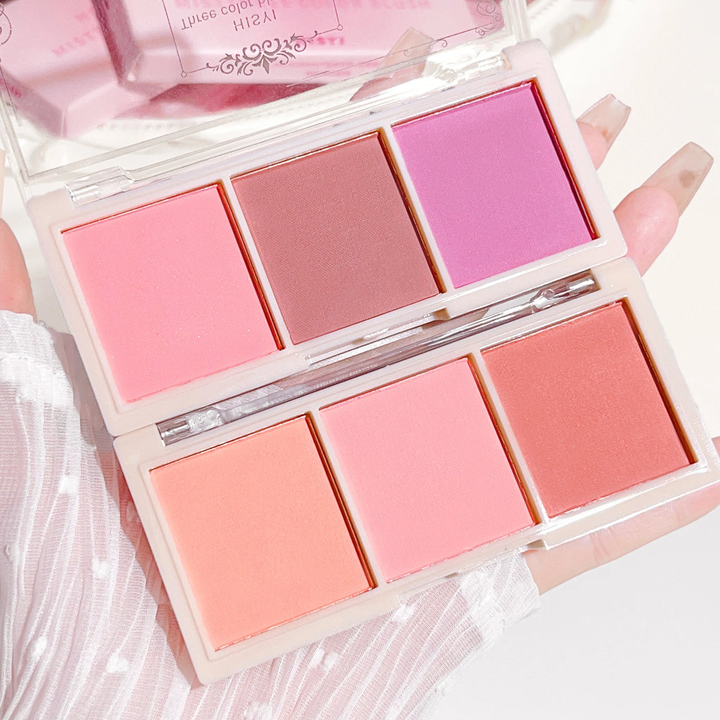 Tidesmit HISYI three-color matte face blush showing natural powder texture and soft color payoff for vitality makeup