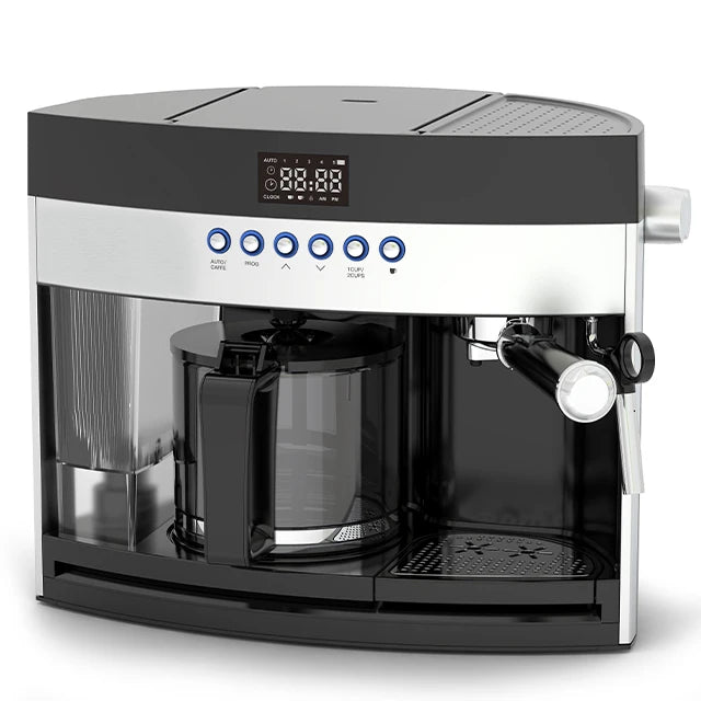 Black and silver 2-in-1 coffee maker and espresso machine with digital display and glass carafe on white background.