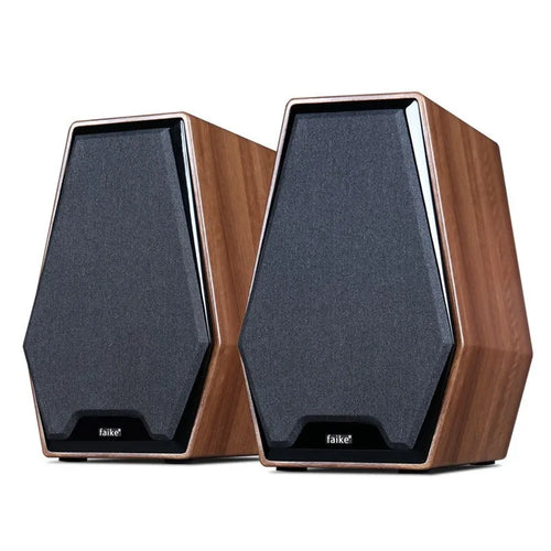 Wooden bookshelf speaker pair with black front grille and dark speaker cones