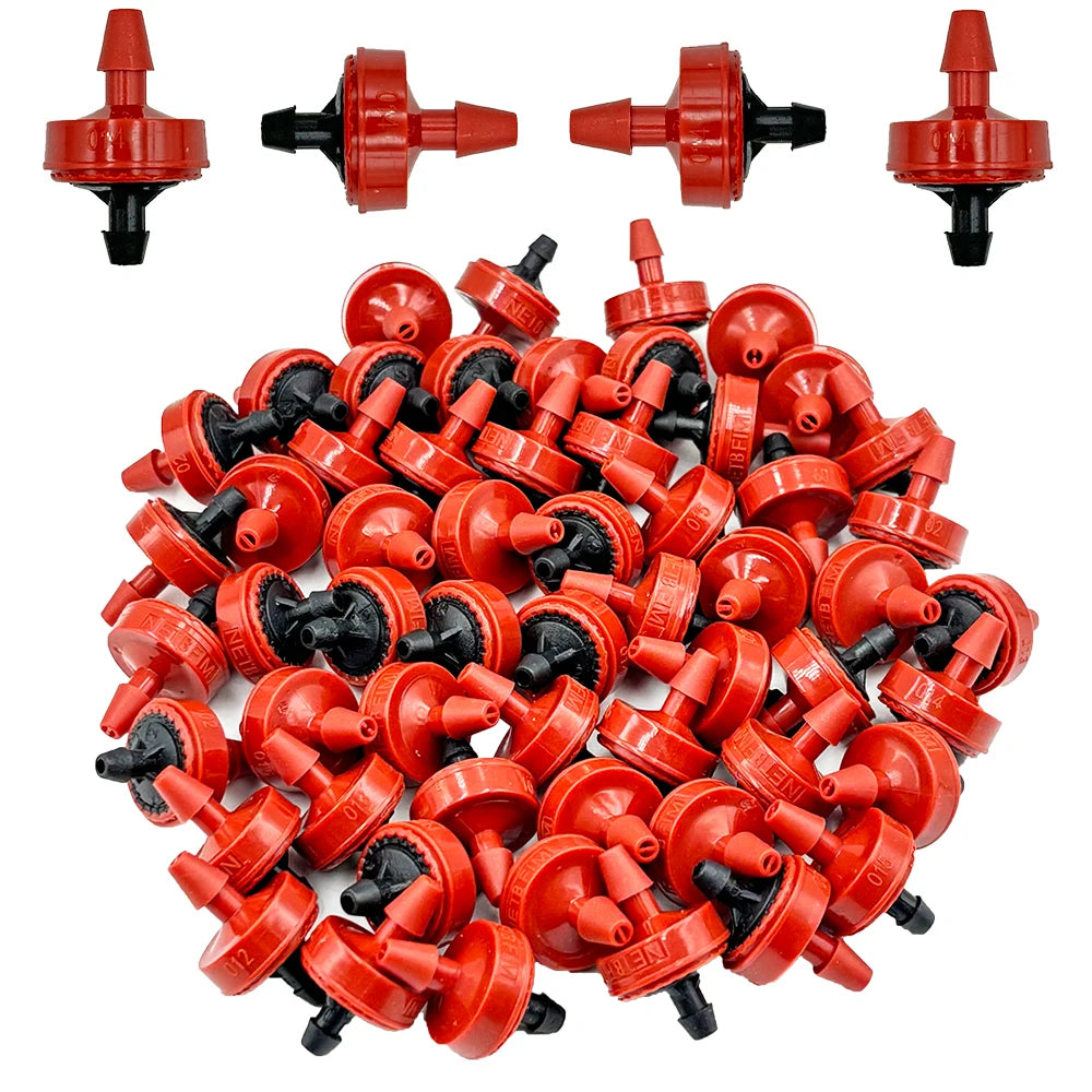 Red pressure-compensating drip emitter drippers with black inlet caps, bulk pack