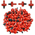 Red pressure-compensating drip emitter drippers with black inlet caps, bulk pack