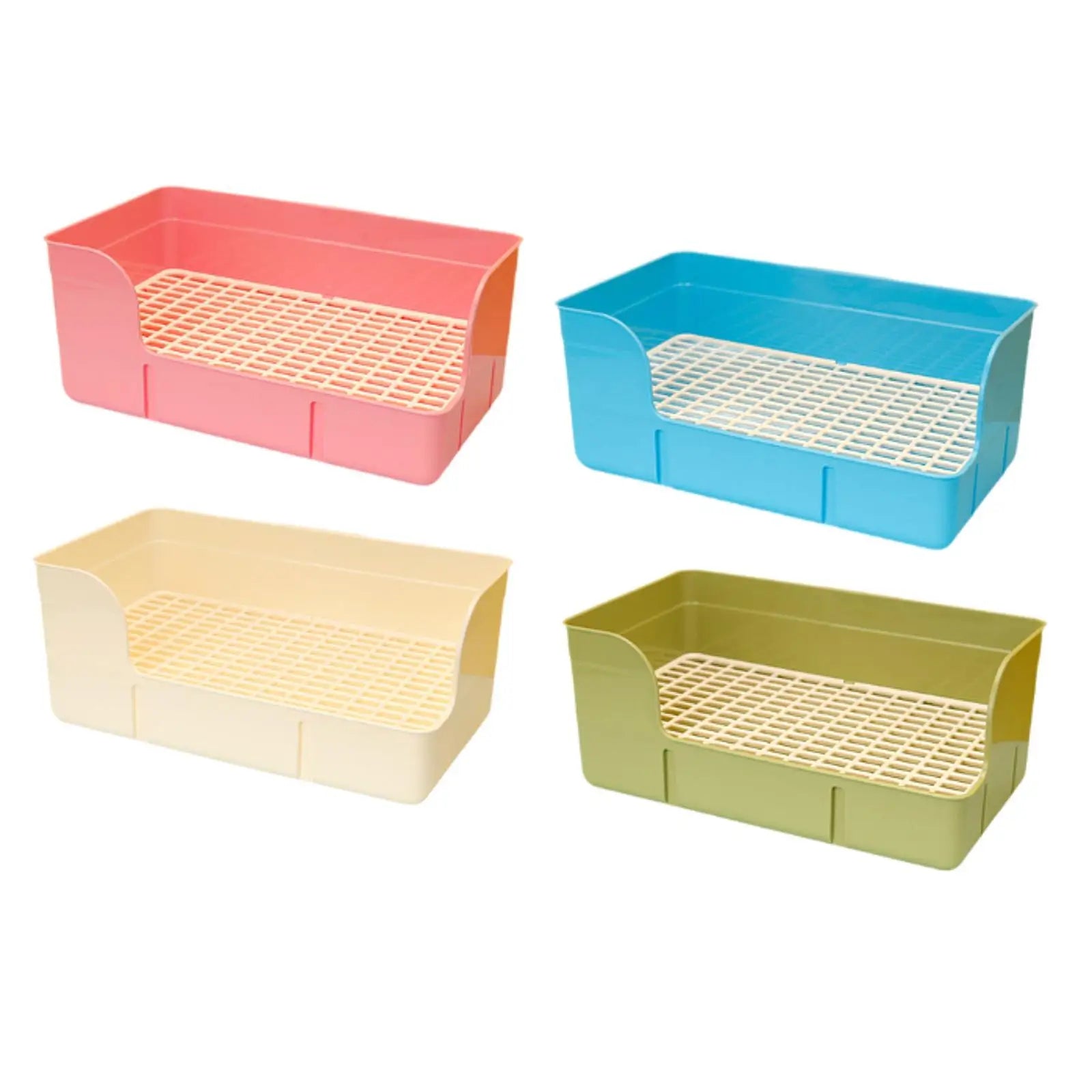 Colorful plastic litter box trays for rabbits, hamsters, and small pets. Easy-clean mesh design for hygiene training.