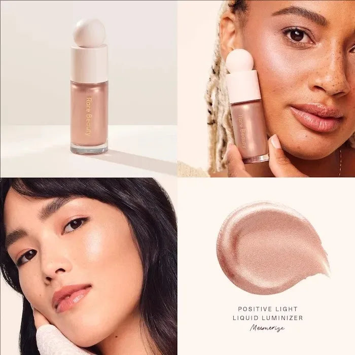 Rare Beauty Positive Light Liquid Luminizer in Mesmerize: shimmering rose-gold liquid highlighter swatch and application.