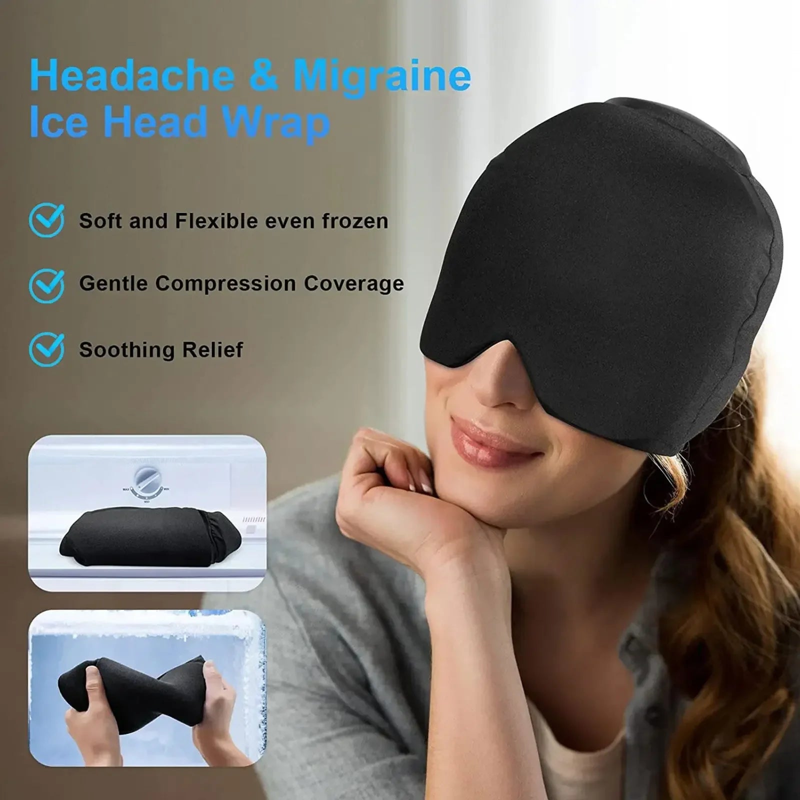 Black wearable migraine ice cap for headache relief with flexible gel pack, compression, and light-blocking design.