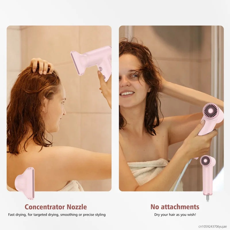 Pink portable high-speed hair dryer with concentrator nozzle for fast styling and brushless 110,000 RPM motor.