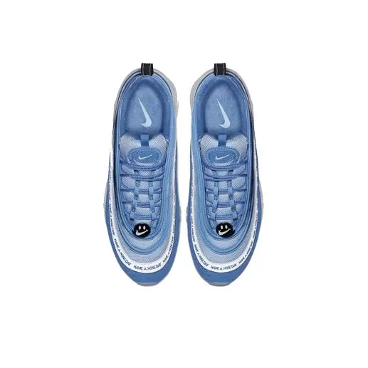 Blue Nike Air Max 97 Have A Nike Day sneakers with smiley face lace charms and white wave detailing.