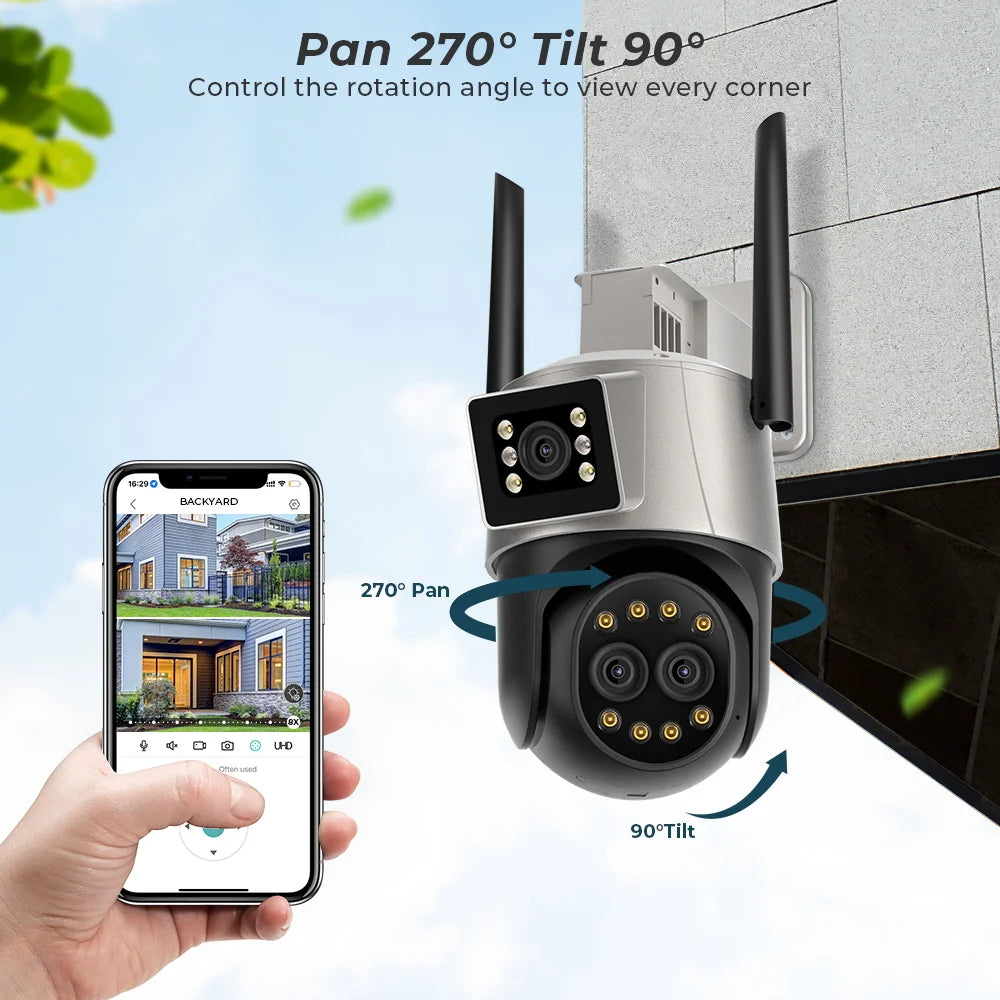 9MP 4.5K Three Lens WIfi  IP Camera Outdoor 8X Zoom Dual Screens AI Human Detect Auto Tracking  Home Security CCTV Surveillance